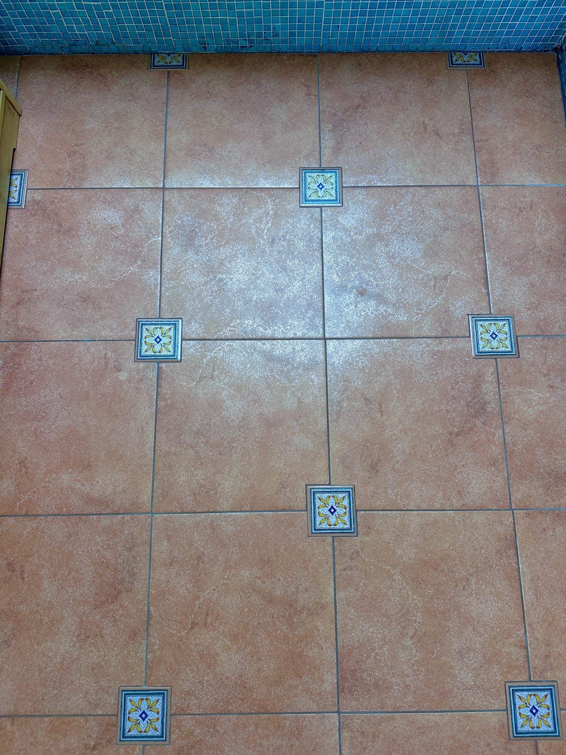 Terracotta floor tile with hand-painted Spanish tile insets