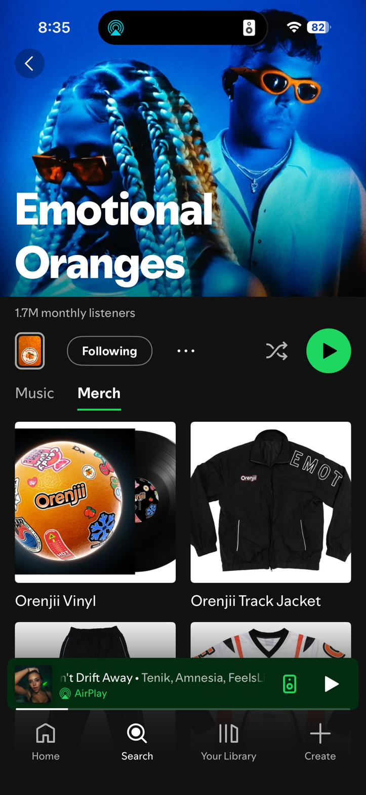 Emotional Oranges artist profile with Merch tab