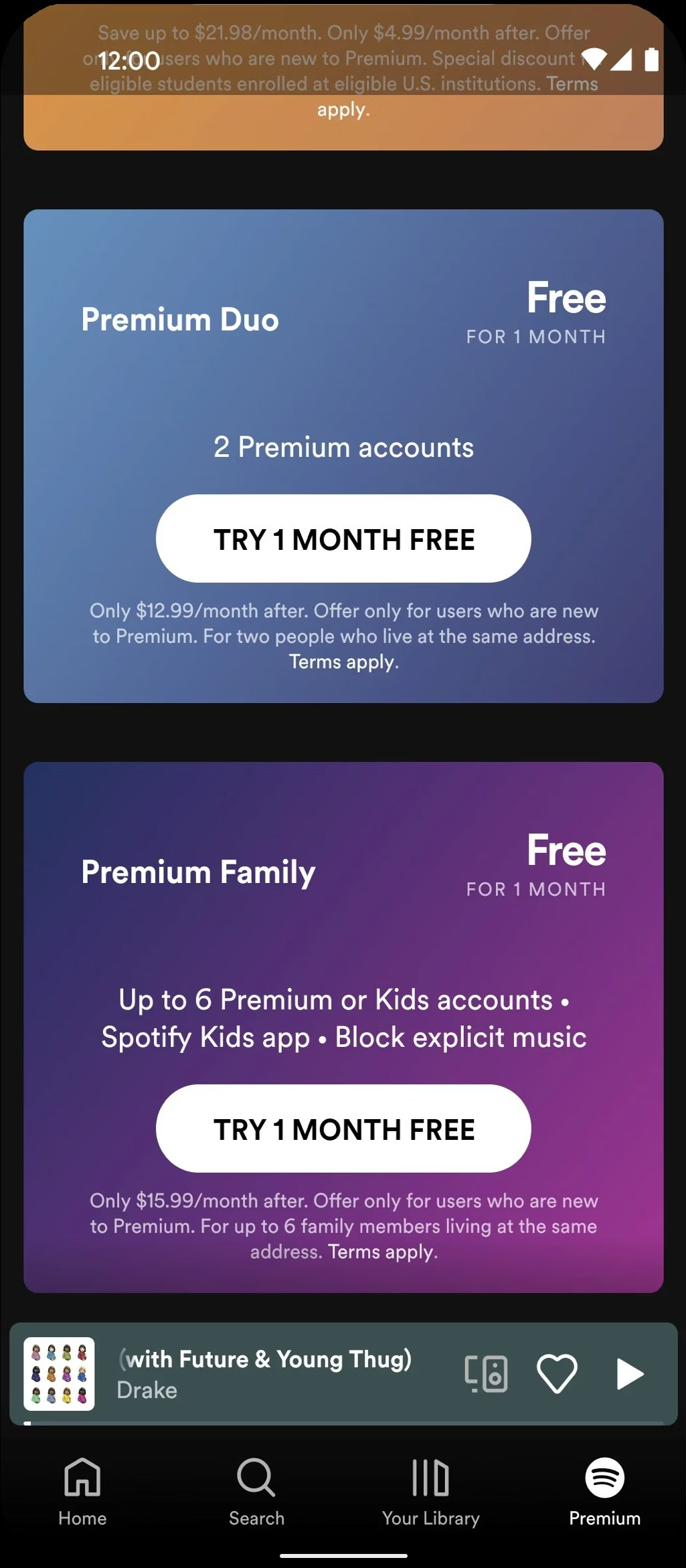 Android showing Duo and Family plans with pricing
