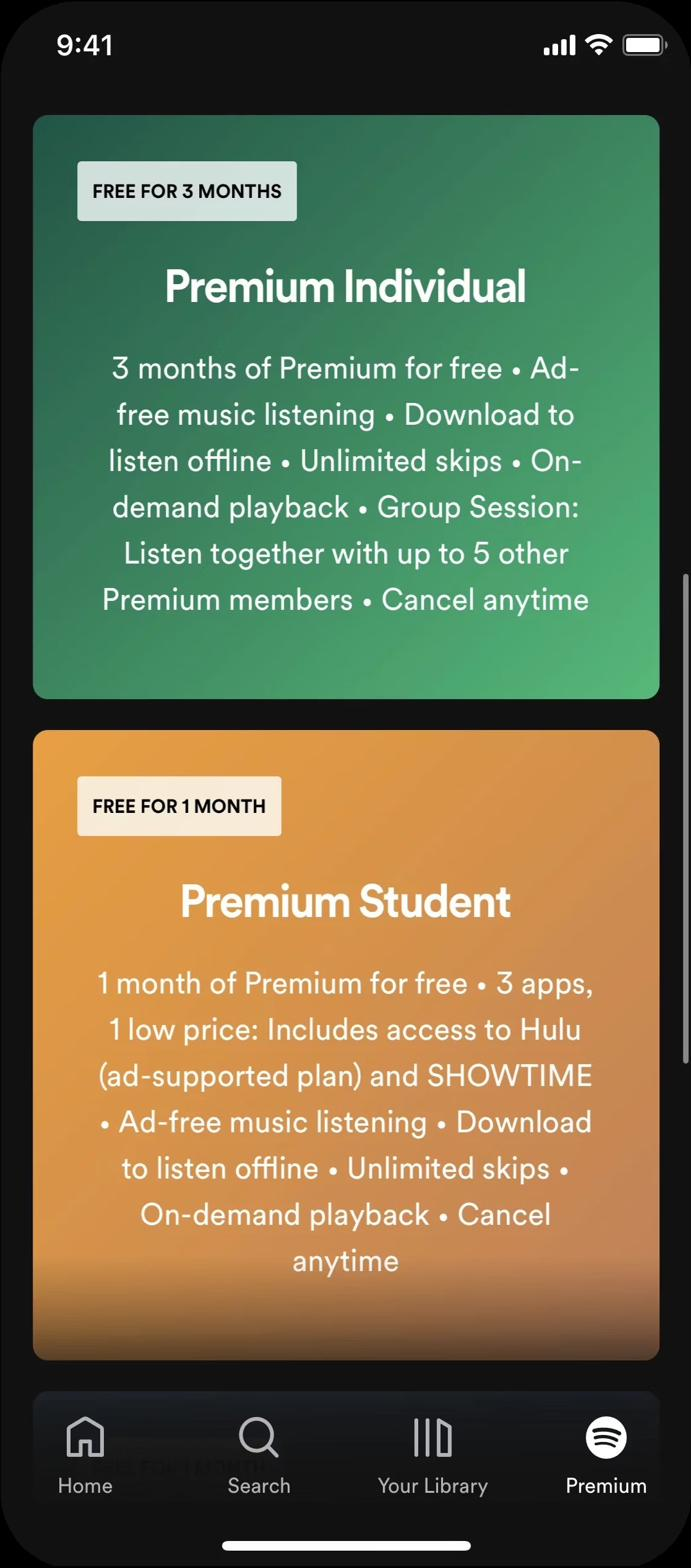 iOS plan cards without pricing