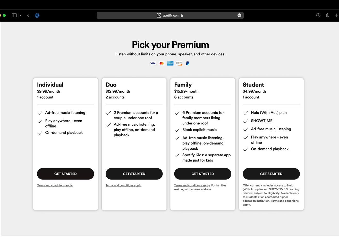 Spotify.com Premium plan comparison page